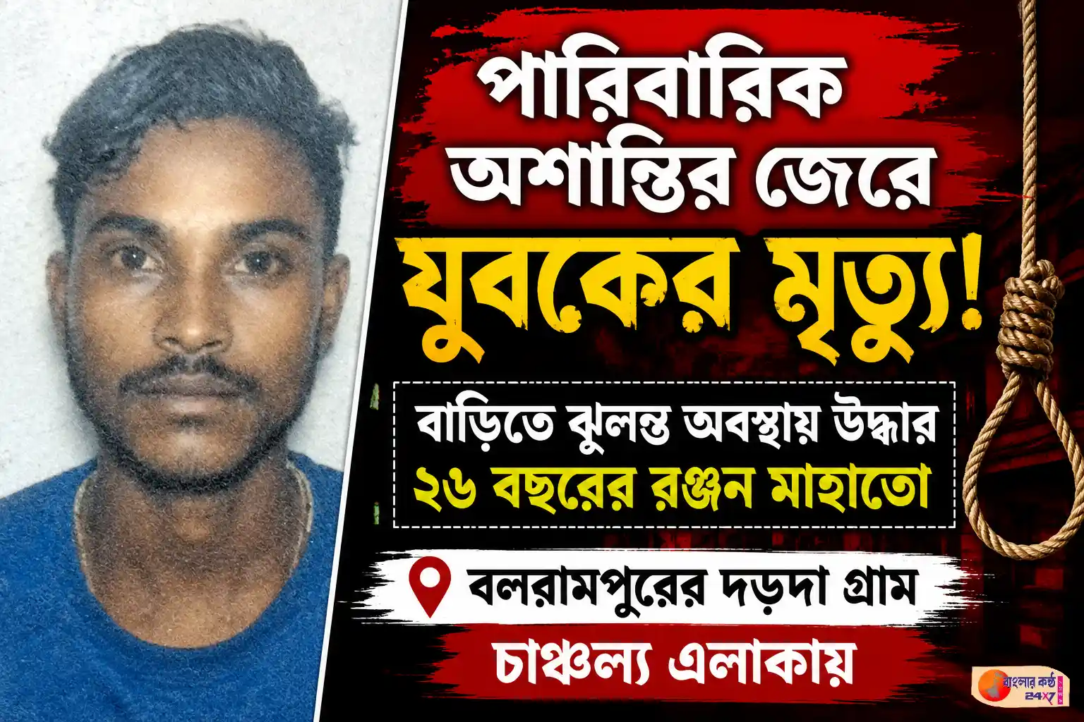 পারিবারিক অশান্তির জেরে যুবকের অস্বাভাবিক মৃ*ত্যু, চাঞ্চল্য বলরামপুরে - Featured News Image