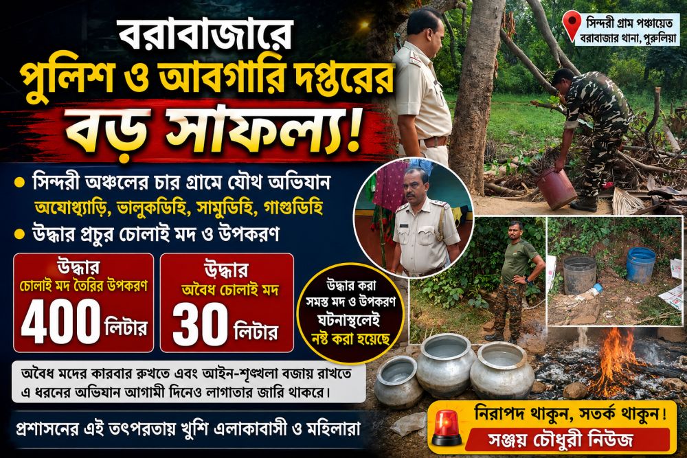বরাবাজারে পুলিশ ও আবগারি দপ্তরের যৌথ অভিযানে বড় সাফল্য, উদ্ধার চোলাই মদ ও তৈরির উপকরণ - Related Image